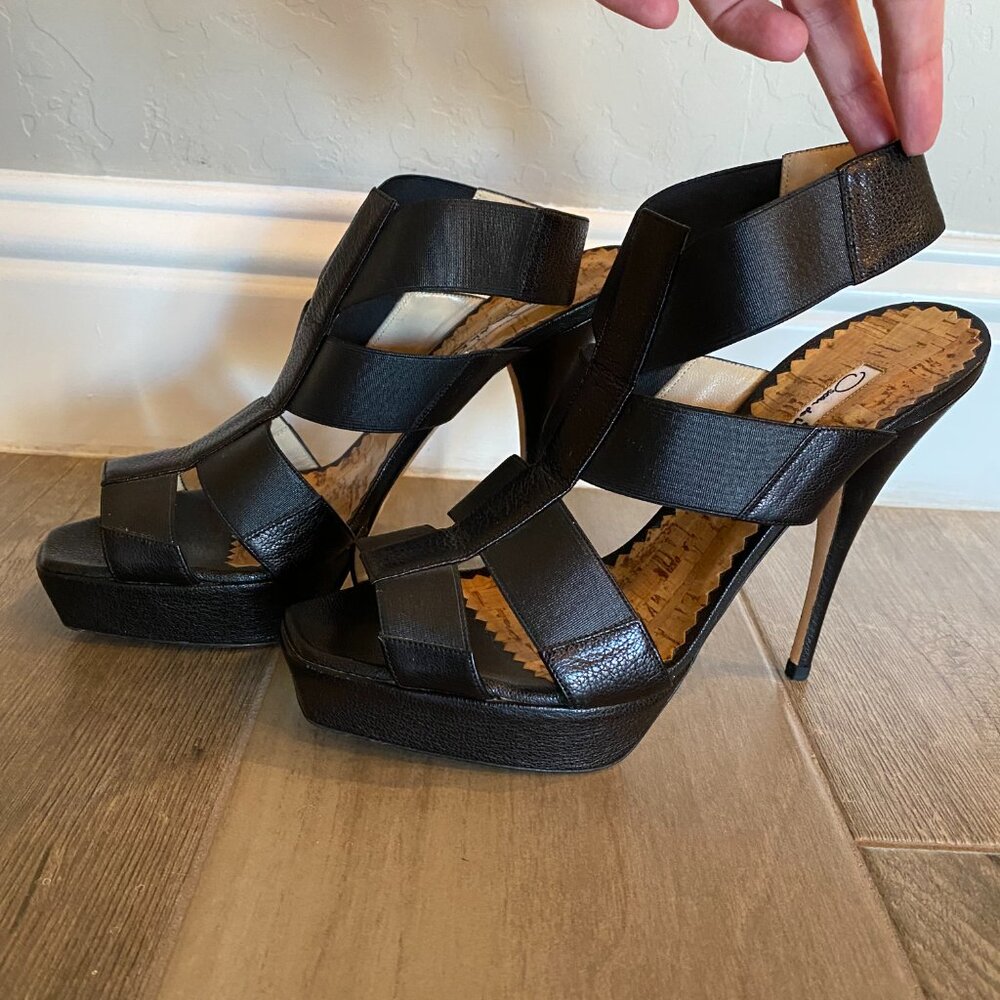 Oscar de la Renta black open toe leather cage sandal 5" high heel stilettos 39